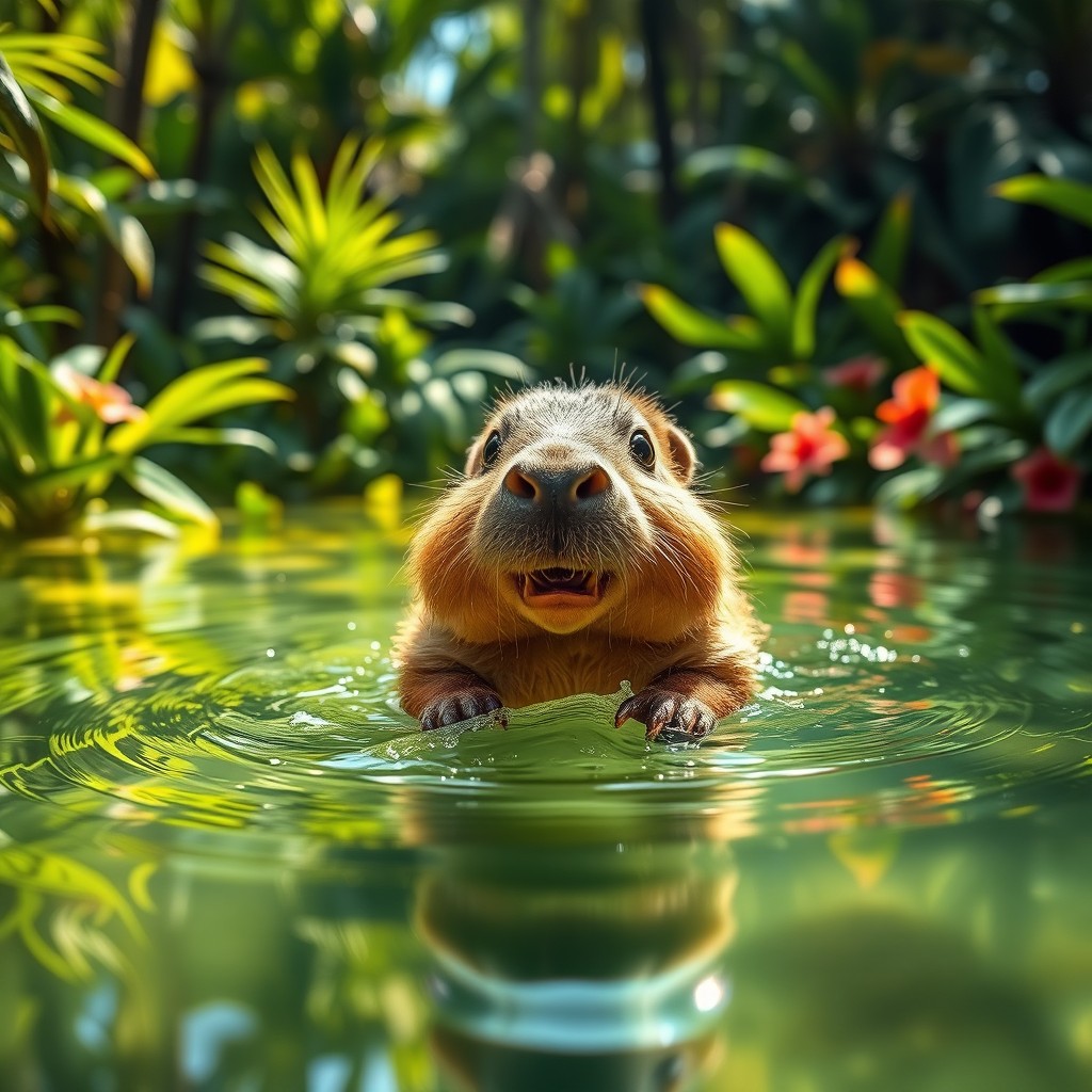 A cute baby capybara swimming joyfully in a clear, tranquil body of water surrounded by lush green plants