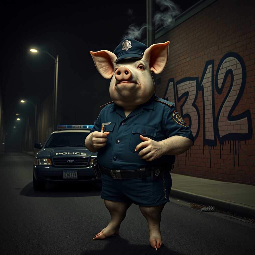 A dark, empty urban street at night, dimly lit by a single flickering streetlamp
