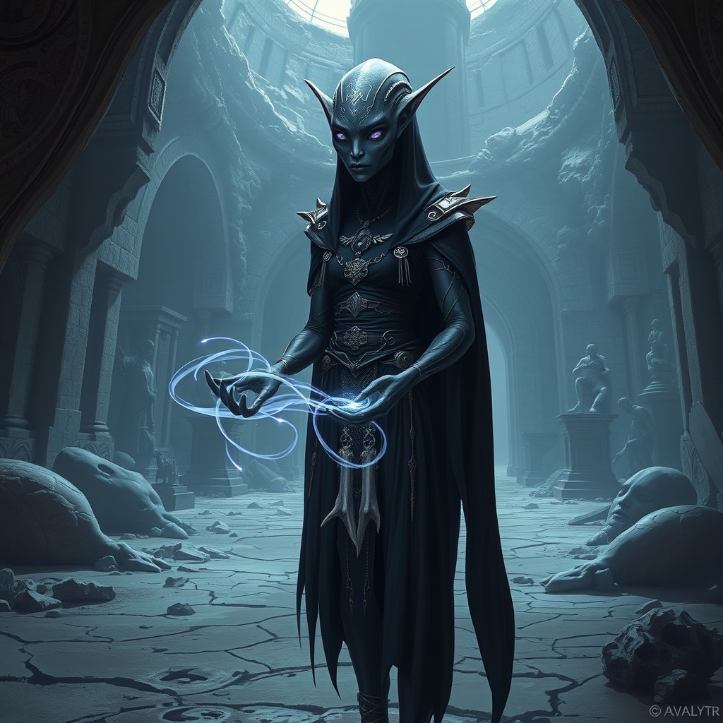 A hyper-realistic digital painting of Ava’Lyrr, an alien sorceress of the Void Cult, standing within a ruined temple hidden in an asteroid field