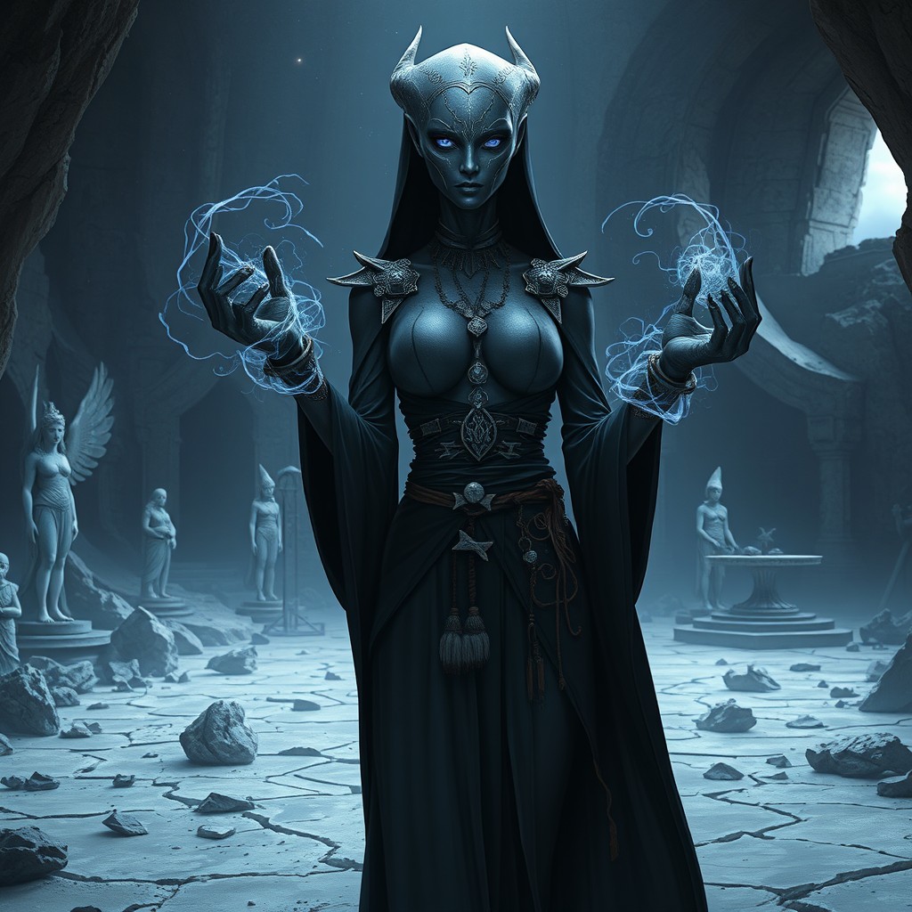A hyper-realistic digital painting of Ava’Lyrr, an alien sorceress of the Void Cult, standing within a ruined temple hidden in an asteroid field