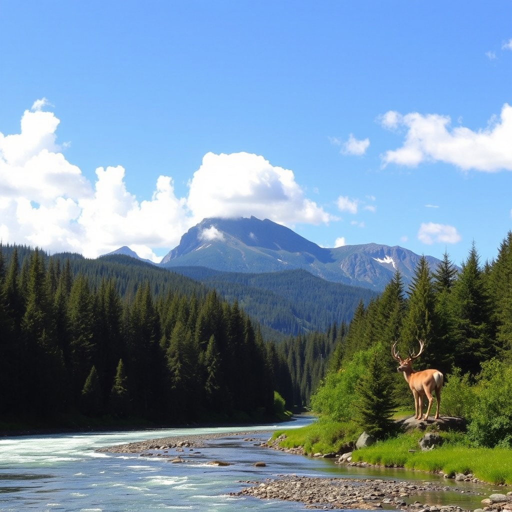 A scenic landscape of Oregon showcasing its lush green forests, towering mountains, and a serene coastline