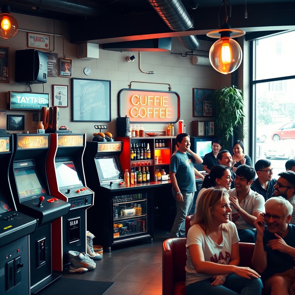 A cozy coffee shop filled with joy, featuring several vintage and modern video game machines lined up against the walls, a stylish minibar stocked with various beverages, and a group of diverse people laughing and enjoying their time