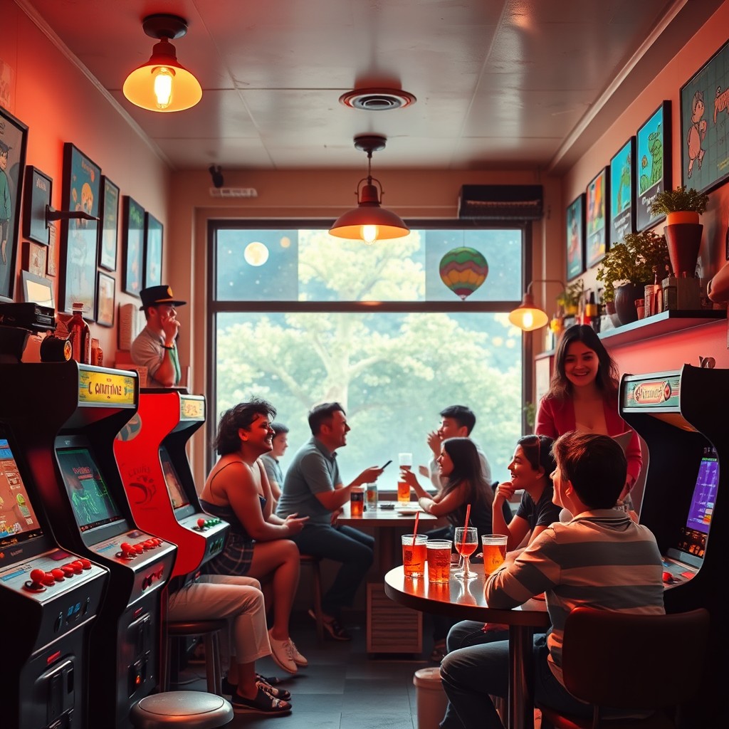 A charming coffee shop, filled with a lively atmosphere, featuring colorful thematic pixel art adorning the walls