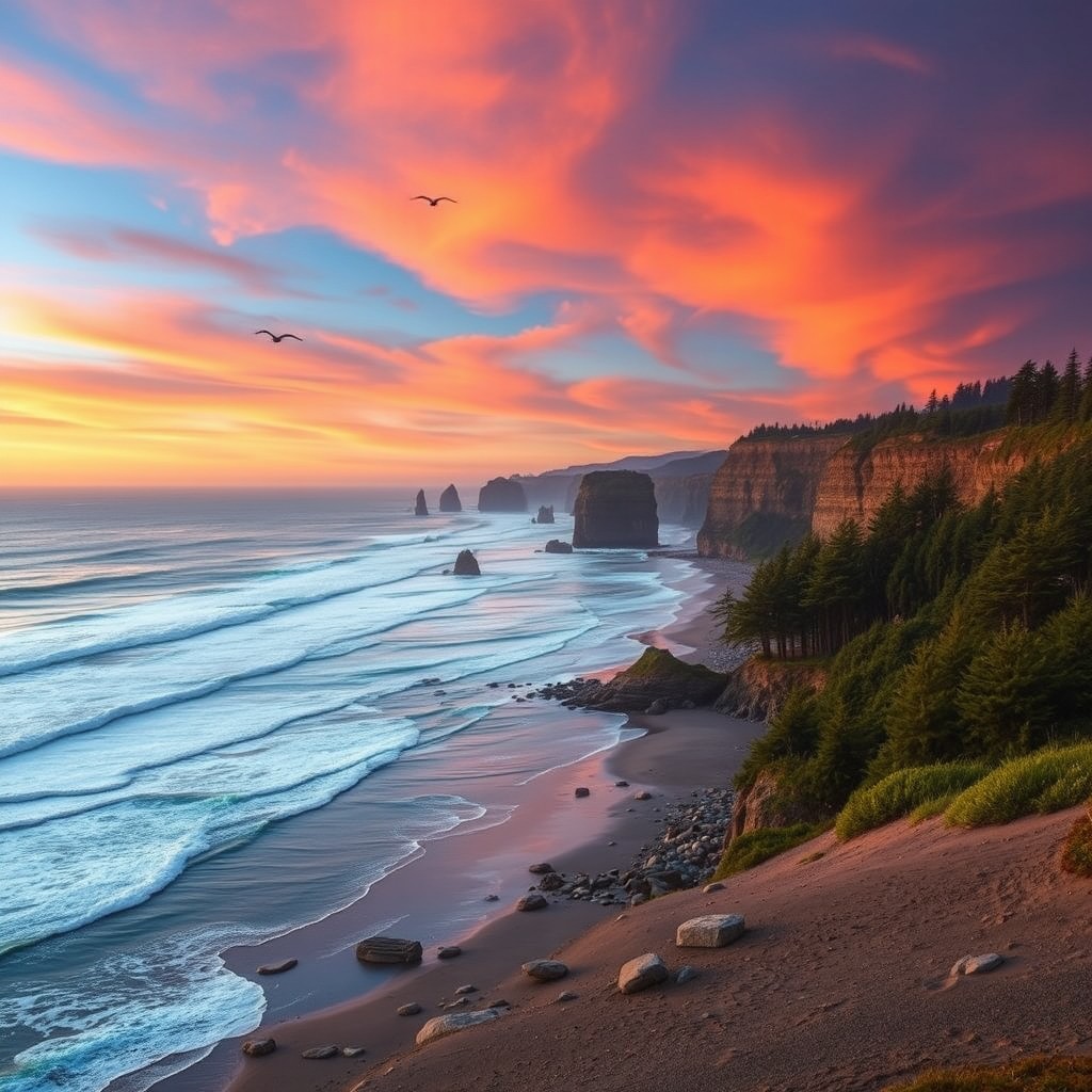 A breathtaking vista of the Oregon coast, showcasing dramatic cliffs and crashing waves under a vibrant sunset sky