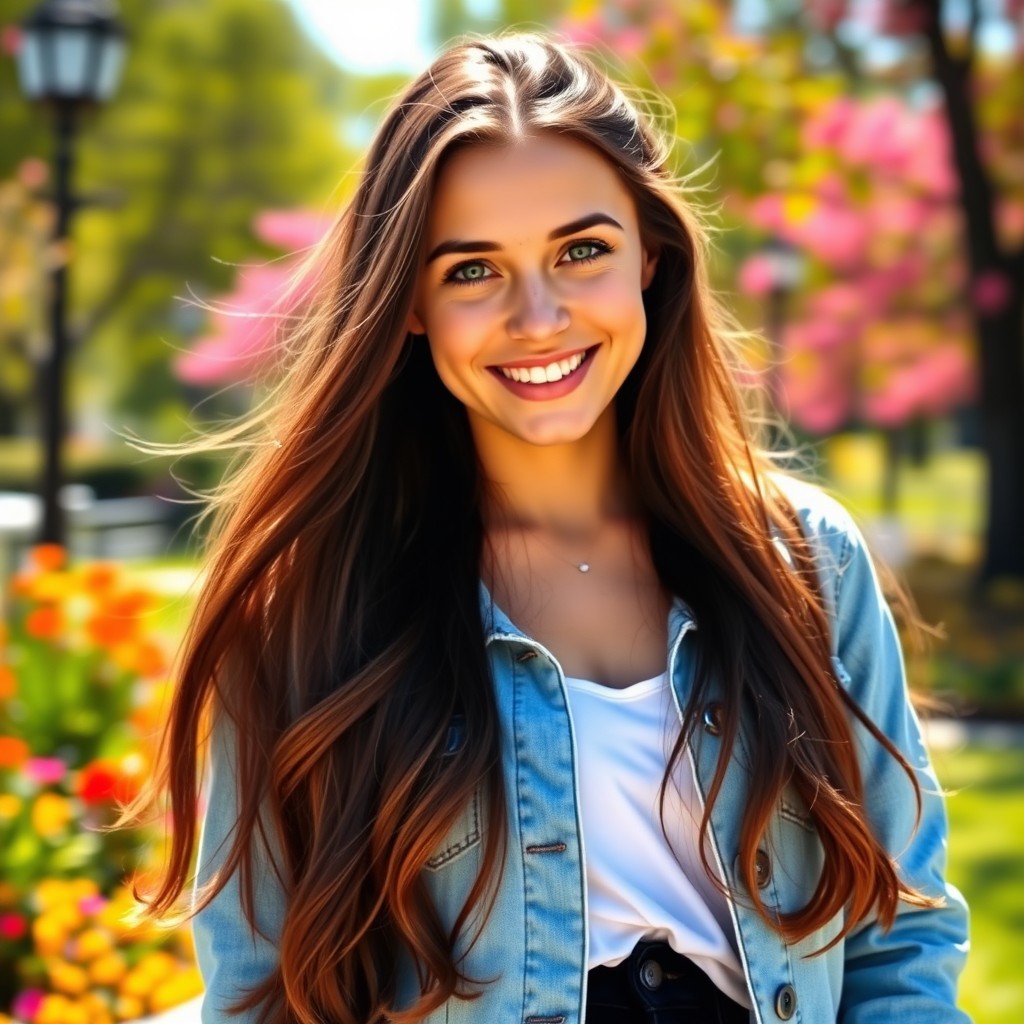 A portrait of a young woman with long, flowing brunette hair, bright green eyes, and a warm smile