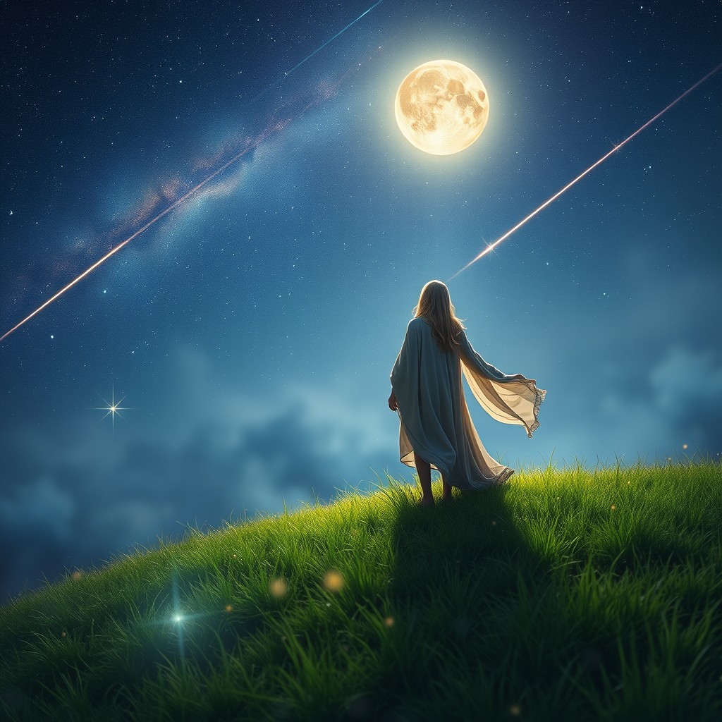 A mystical scene of a stargazer standing on a grassy hill at night, gazing up at a sky filled with bright stars and a glowing moon