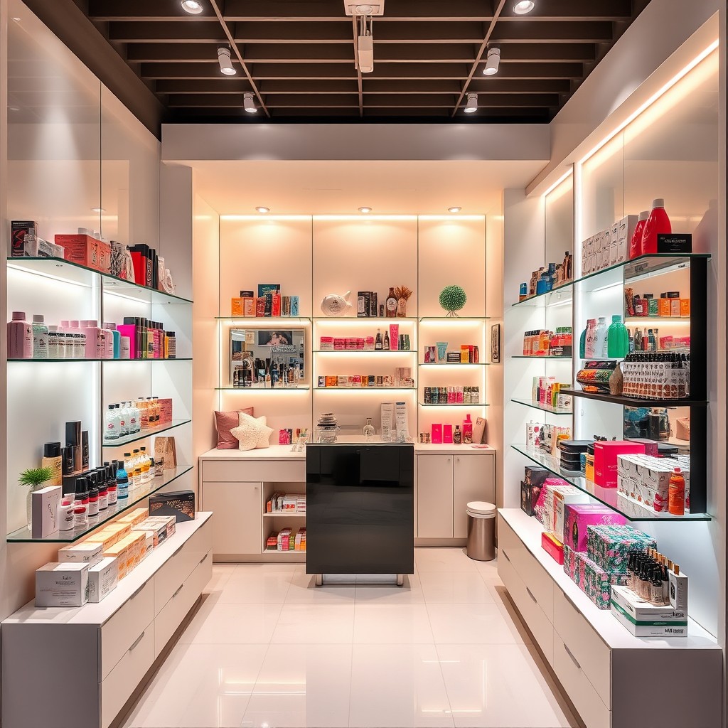 A beautifully arranged small beauty shop measuring approximately 3 square meters, showcasing an array of beauty products including skincare, makeup, and hair care items