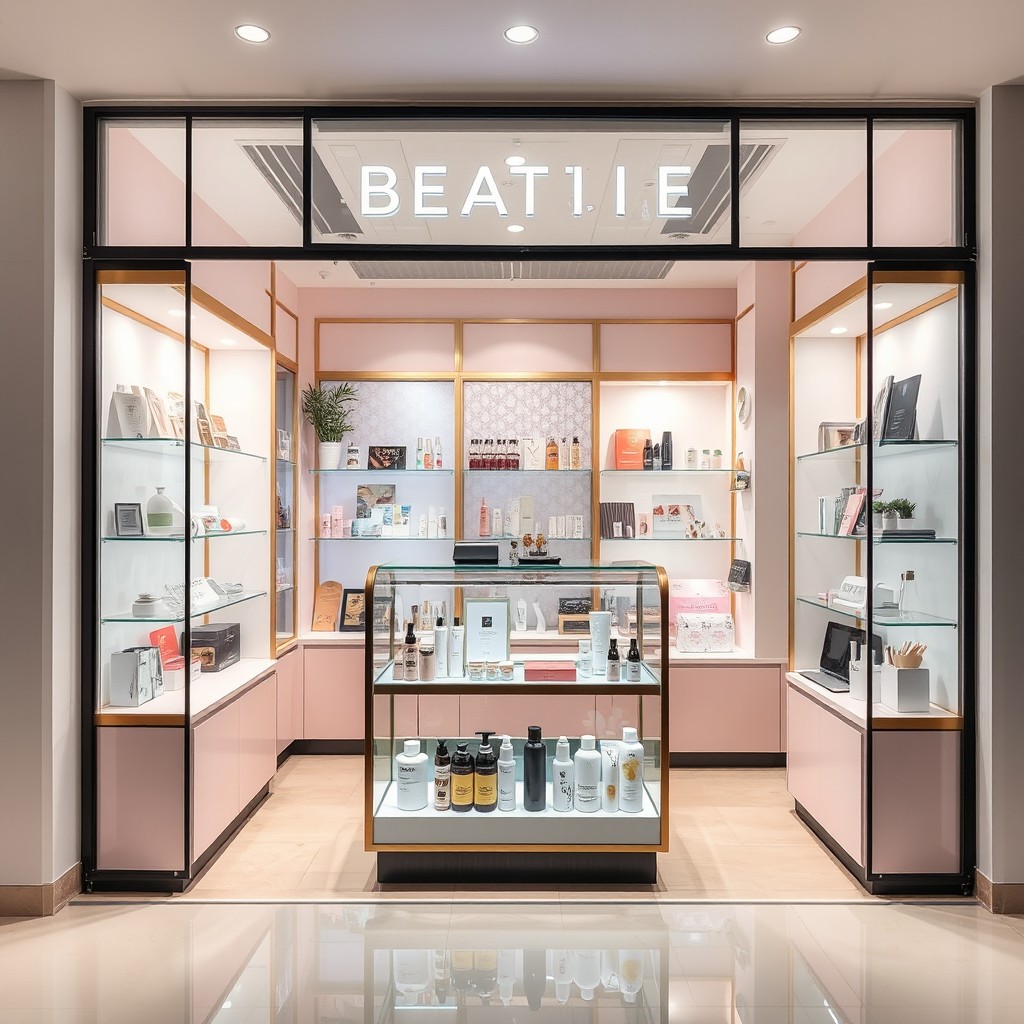 A small beauty shop with a 3 square meter layout featuring a stylish glass display case at the entrance showcasing a variety of beauty products
