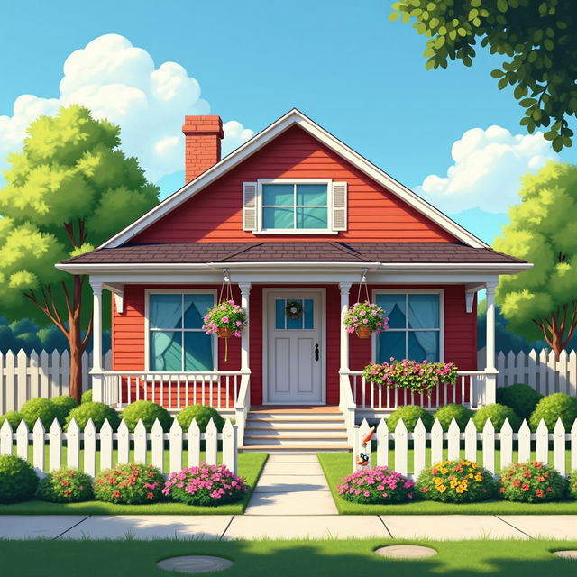 A cozy and charming suburban house, with a white picket fence and vibrant flower beds in front