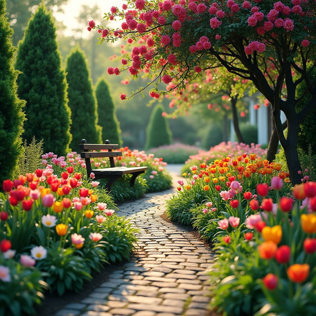 A lush and vibrant garden bursting with colorful flowers in full bloom