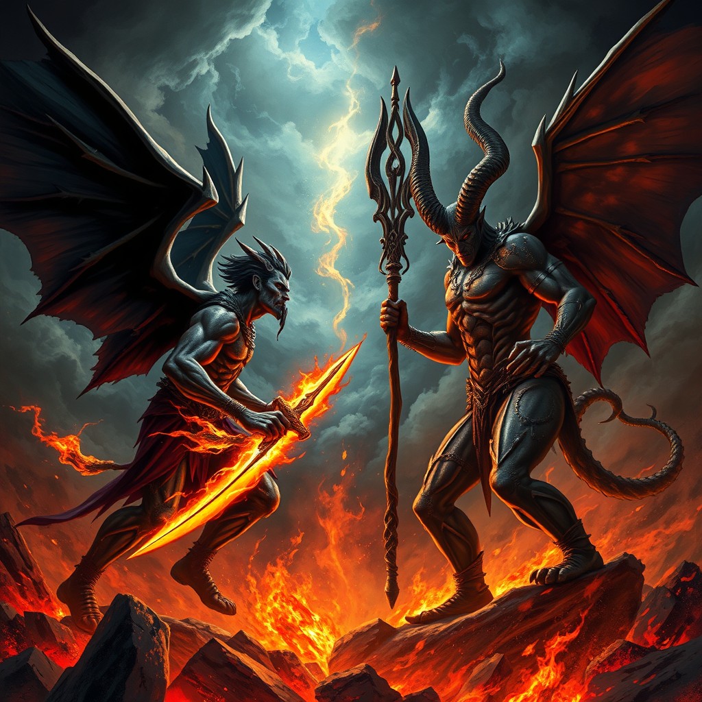 An epic confrontation depicting Azazel facing off against Satan in a dark, fiery abyss