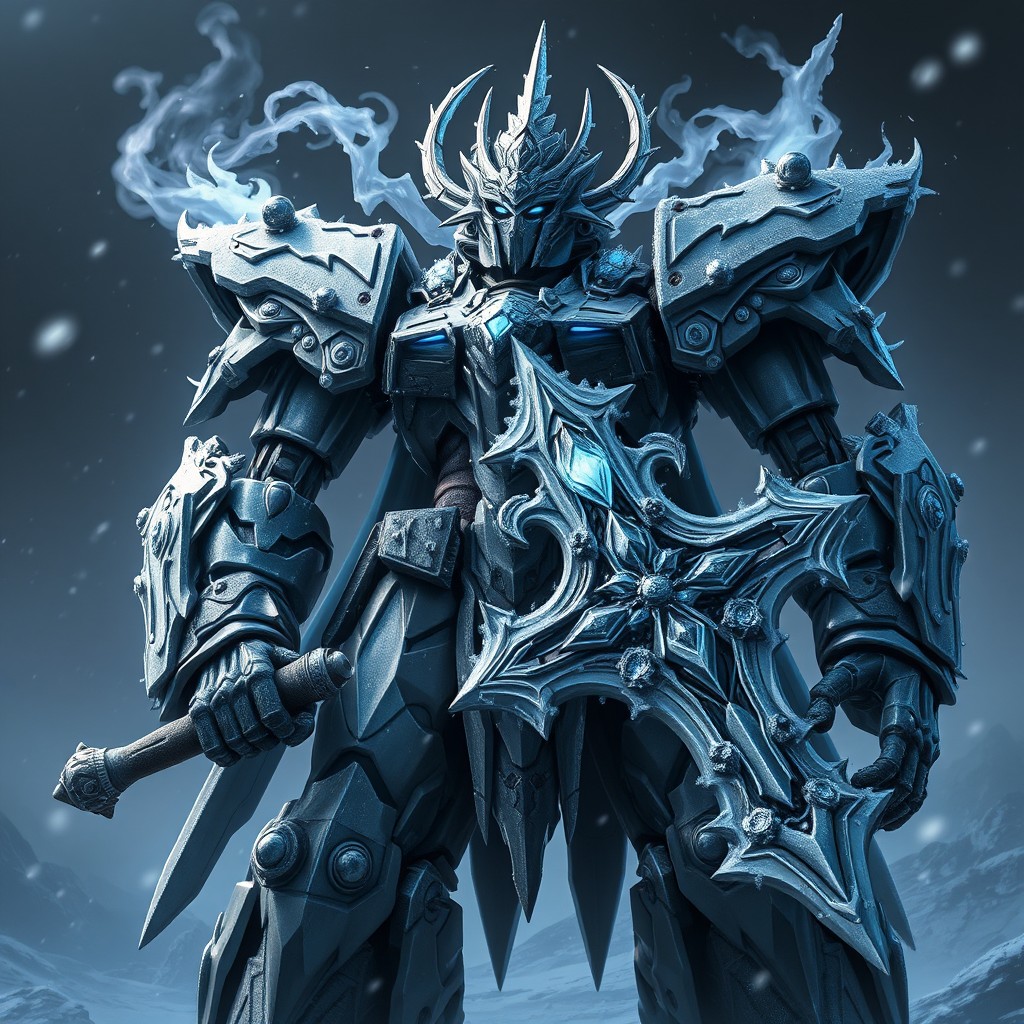 A powerful and imposing robot inspired by the Gundam series, fused with elements of the Lich King from Warcraft 3