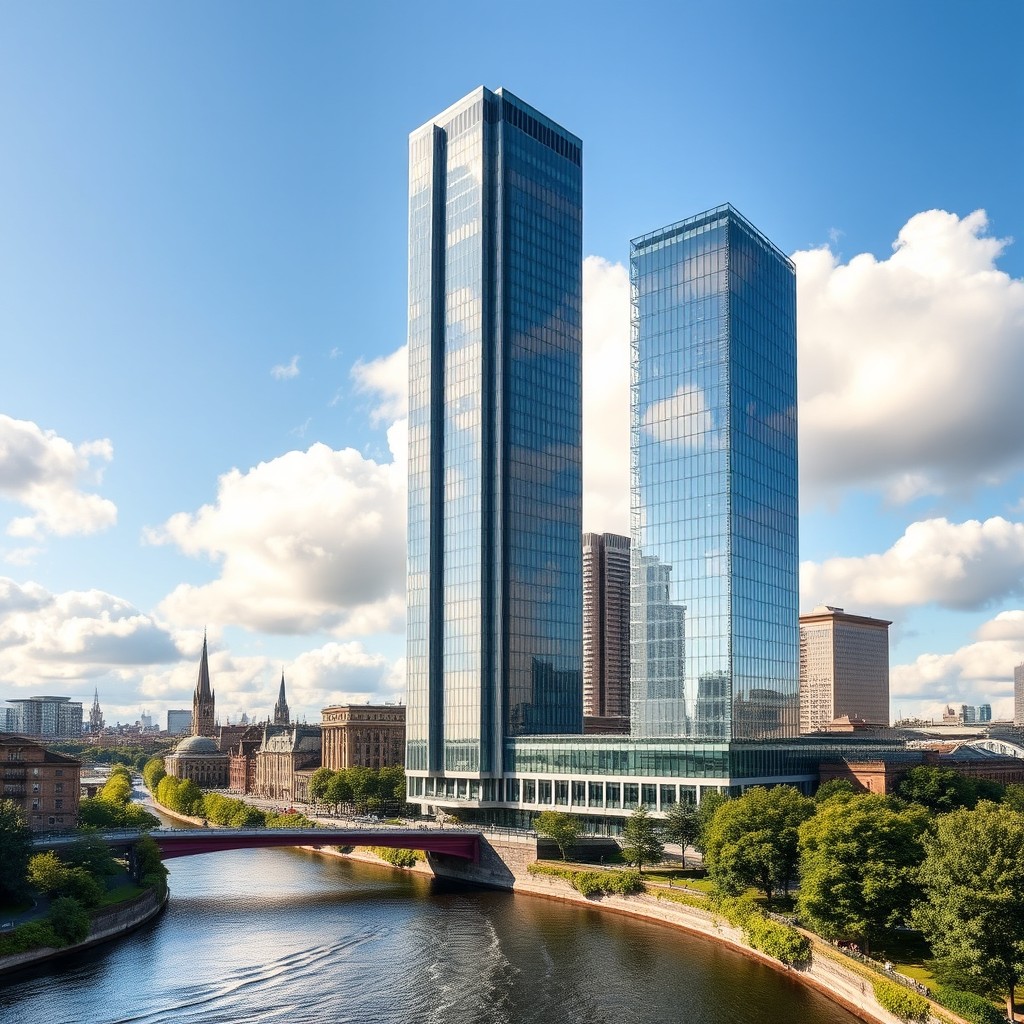 A stunning view of a super tall modern building towering over the Clyde in Glasgow, Scotland