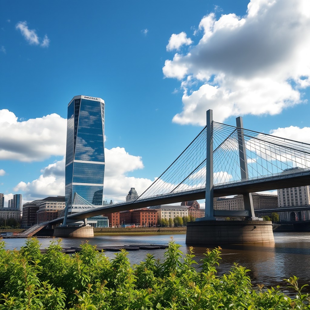 A stunning view of Glasgow featuring a super tall modern skyscraper alongside the iconic Clyde Suspension Bridge, showcasing the architectural beauty of the city