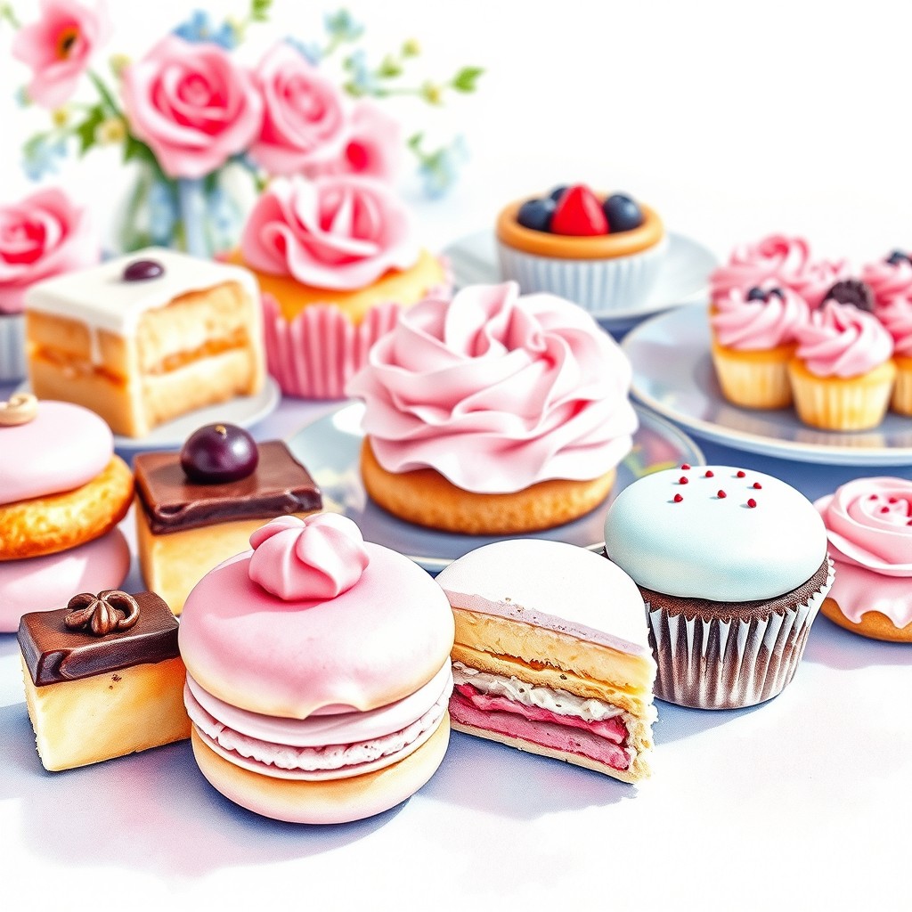 A beautifully arranged display of mouthwatering desserts, featuring various pastries like macarons, cupcakes, and tarts, all artistically presented