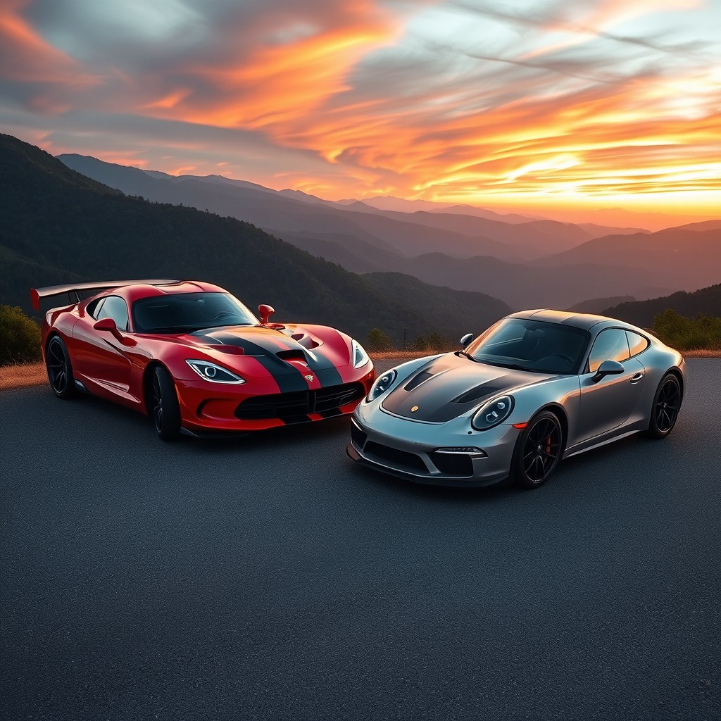 A striking comparison of a Dodge Viper and a Porsche Carrera 911 parked on a scenic mountain road during sunset