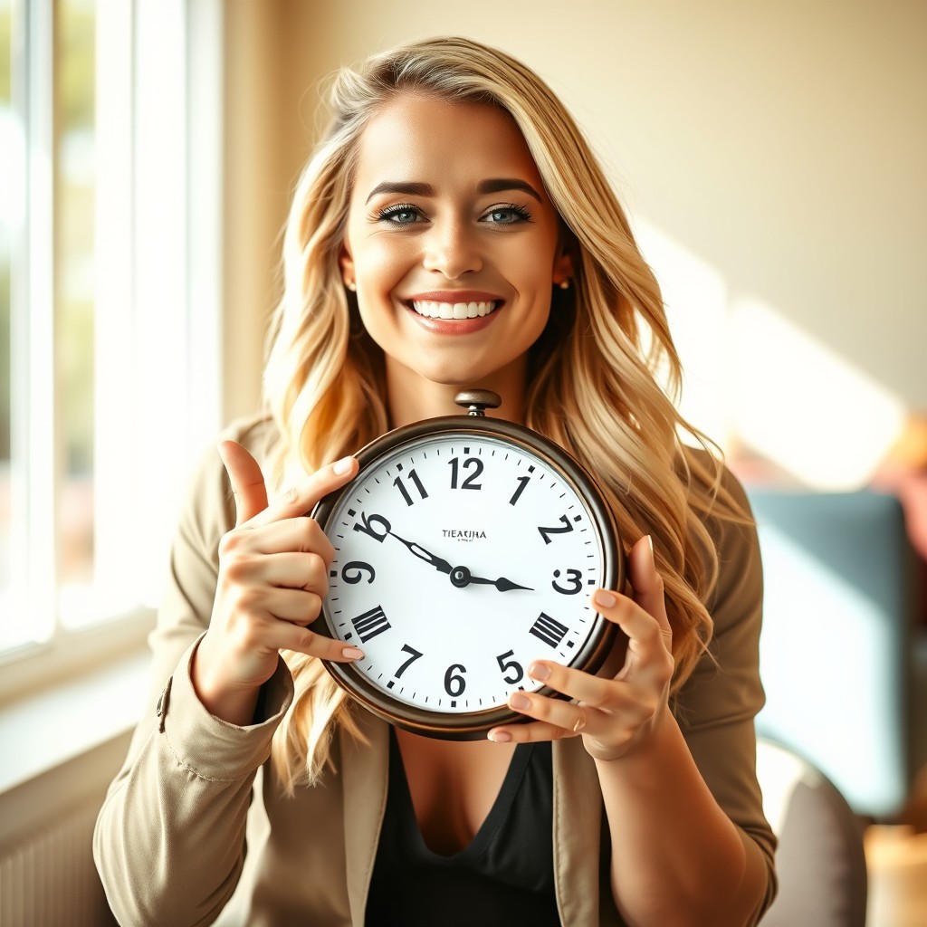 A beautiful blonde woman smiling warmly while holding a clock in her hands and pointing at it with a joyous expression on her face
