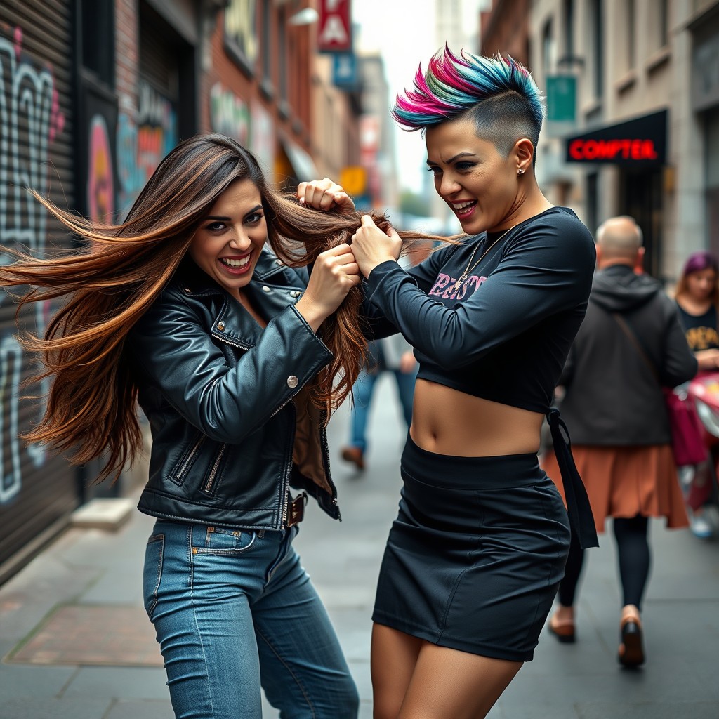 A dynamic scene featuring two women engaged in a spirited hair-pulling tussle, set in a vibrant urban environment
