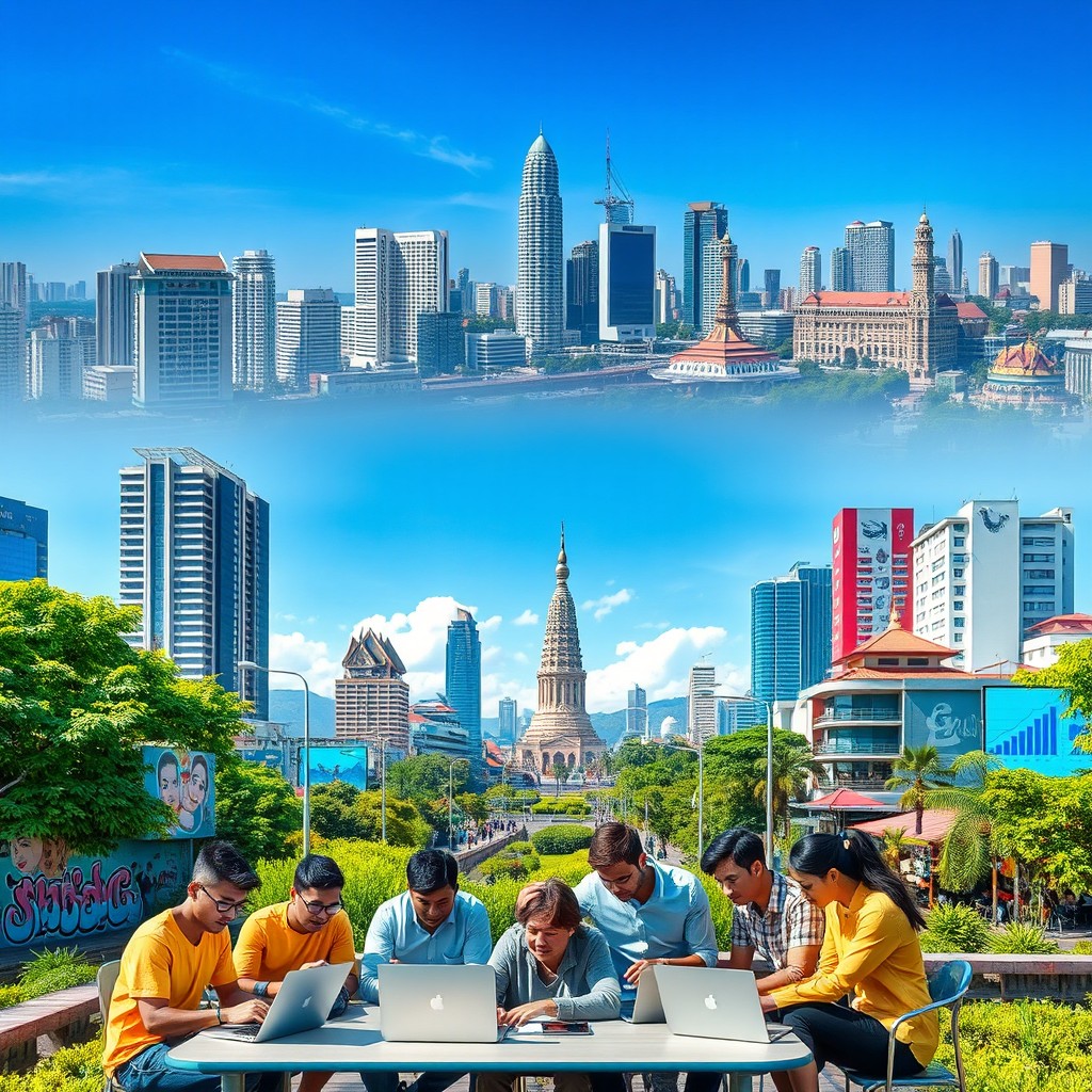 A vibrant technology ecosystem in Cambodia featuring a modern city skyline, showcasing high-tech buildings, digital startups, and co-working spaces bustling with innovative entrepreneurs