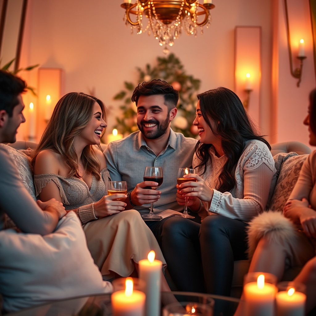 A vibrant and intimate scene depicting a romantic atmosphere with a couple surrounded by close friends, laughter and connection filling the air