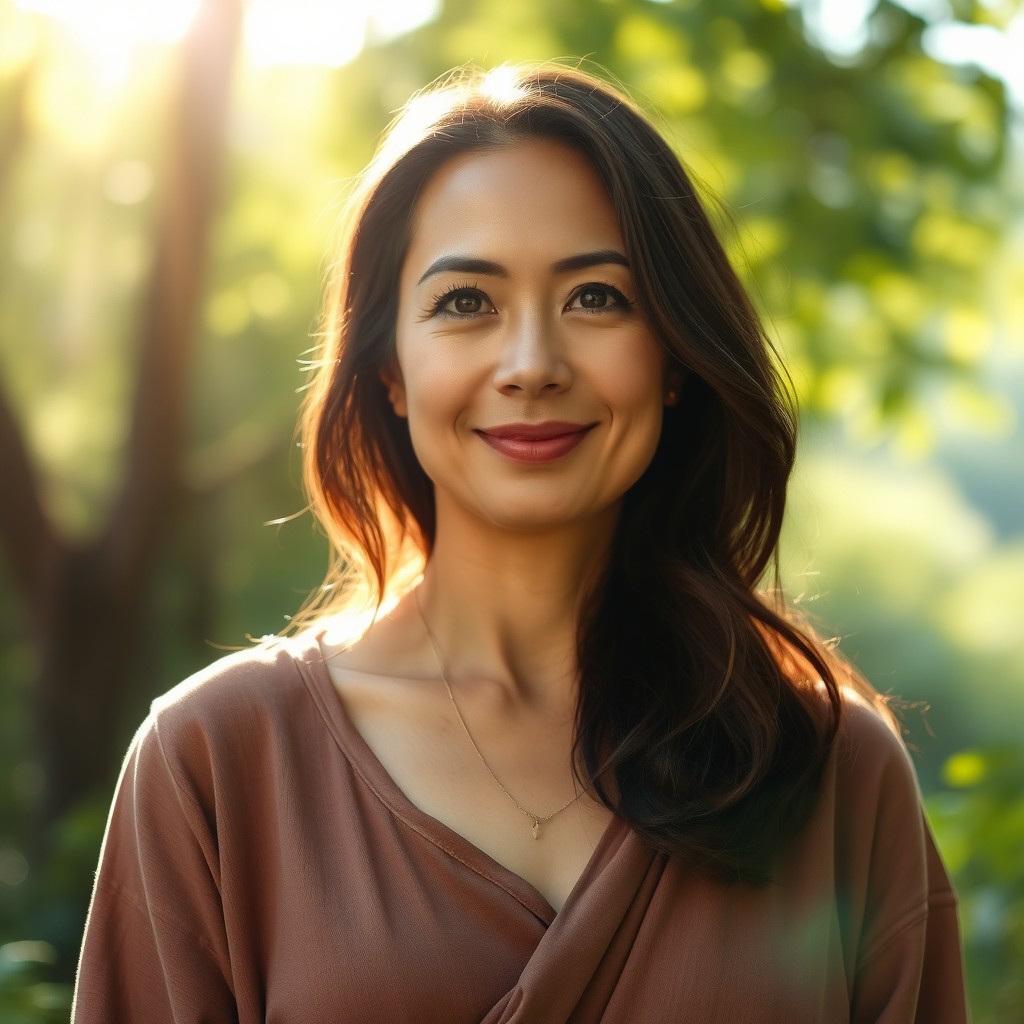 A humble woman with a deep understanding of the world, embodying acceptance, love, and wisdom