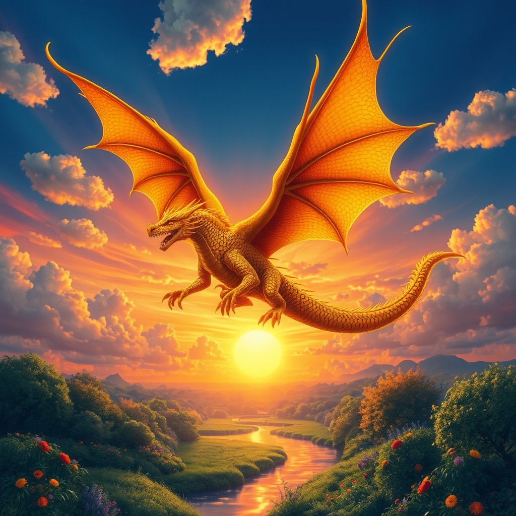 A magnificent golden dragon soaring through a vibrant sunset sky, its scales shimmering in shades of gold and orange