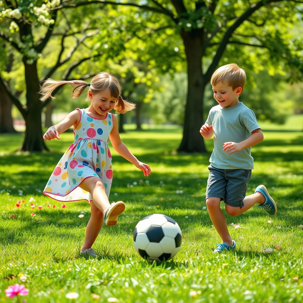 A playful scene depicting a young girl in a colorful, short dress, confidently kicking a soccer ball towards a smiling boy