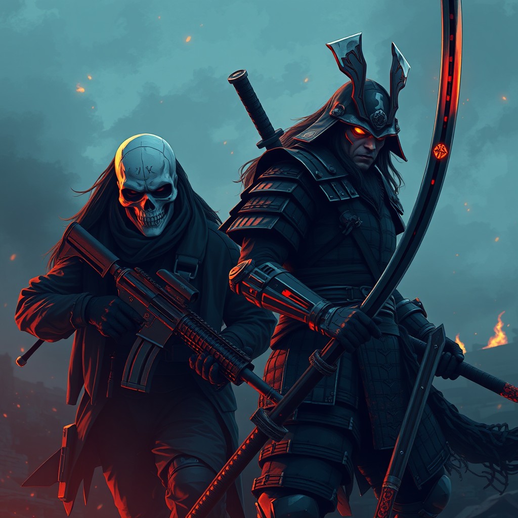 An ultra high-resolution pixel art scene featuring two hyper-detailed characters in a cinematic dusk battlefield or ruined city backdrop
