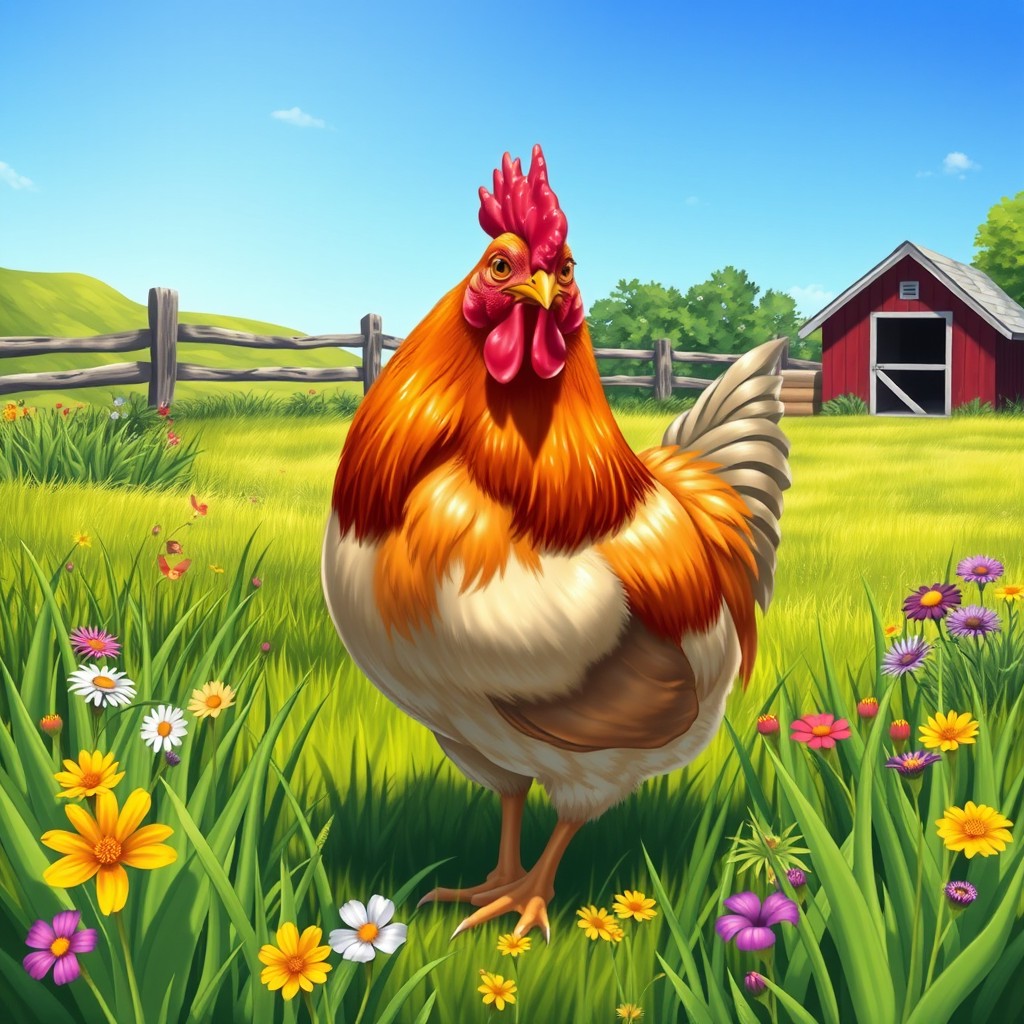A realistic, detailed illustration of a vibrant, plump chicken in a sunny farmyard setting, surrounded by lush green grass and colorful wildflowers, with a clear blue sky above