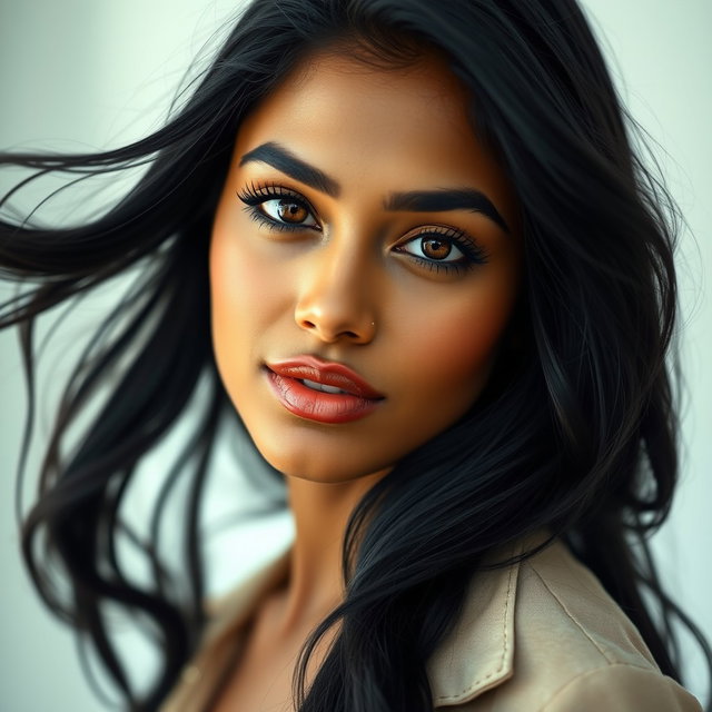A stunning portrait of an Instagram model of Indian origin, showcasing her radiant face with a beautiful, natural makeup look