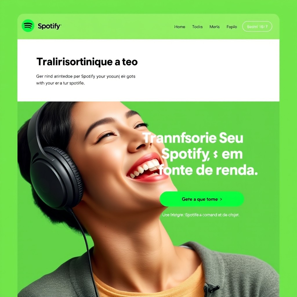 A realistic Spotify trial landing page featuring a clean green background and a person wearing headphones, smiling joyfully