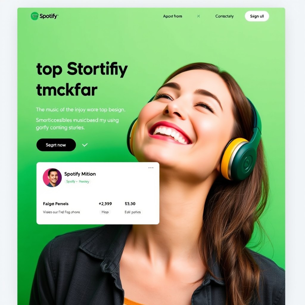 A realistic Spotify trial landing page featuring a woman enjoying music
