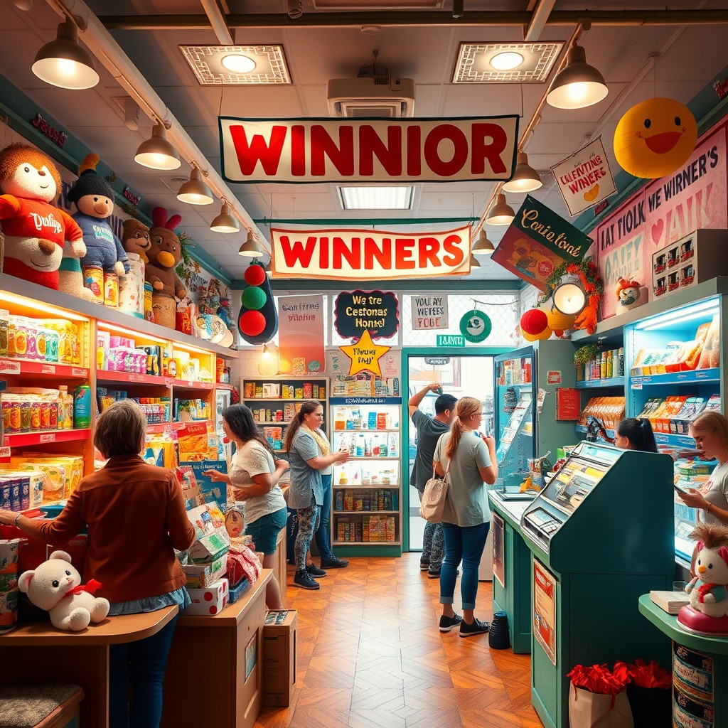 A charming winning shop interior scene, filled with an array of colorful products and prizes adorning the shelves