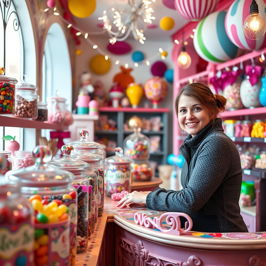 A vibrant and inviting candy shop filled with colorful jars of sweets and treats, showcasing a variety of candies including gummy bears, chocolate bars, and lollipops