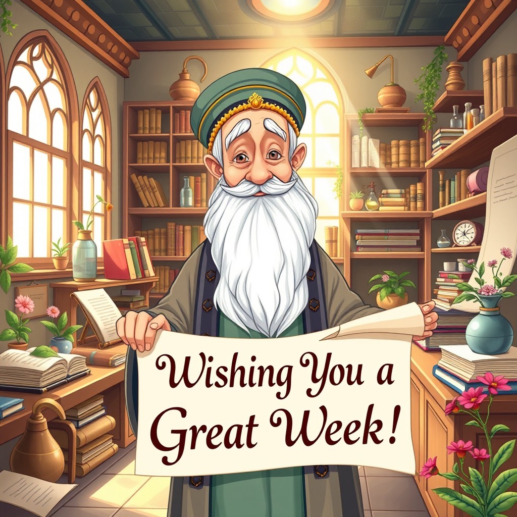 A whimsical and colorful illustration featuring Al Razi, the famous Persian physician and philosopher, depicted as a wise old man with a long white beard, wearing traditional Persian clothing