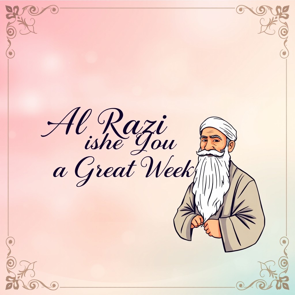 An eye-catching social media post design featuring a banner that reads 'Al Razi Wishes You a Great Week!' in elegant, flowing script