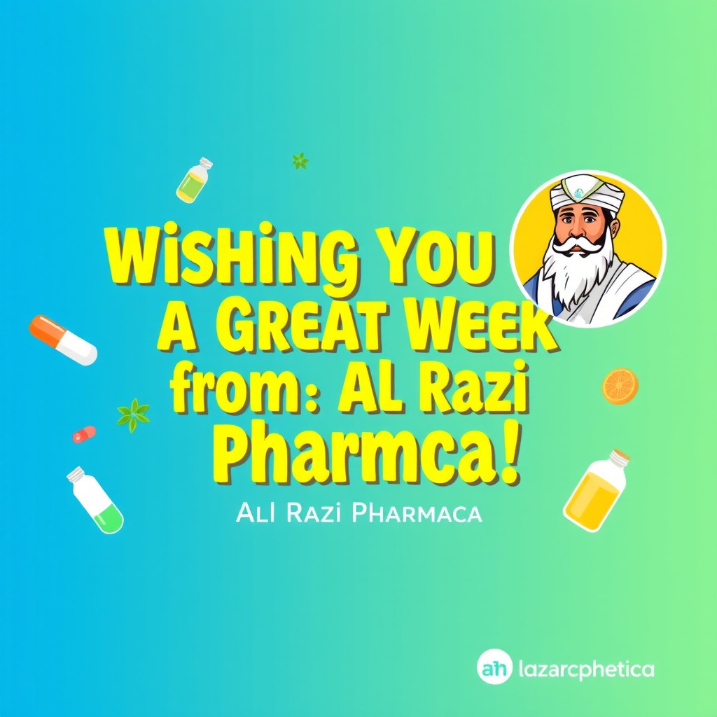 A vibrant and engaging social media post design featuring the message 'Wishing You a Great Week from Al Razi Pharma!' in bold, cheerful typography