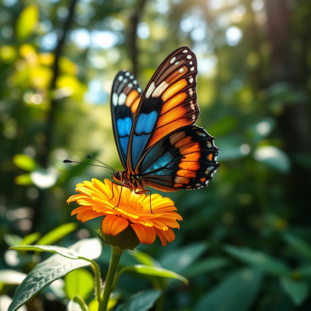 A stunning close-up photograph of a realistic butterfly perched delicately on a vibrant flower in a lush green forest