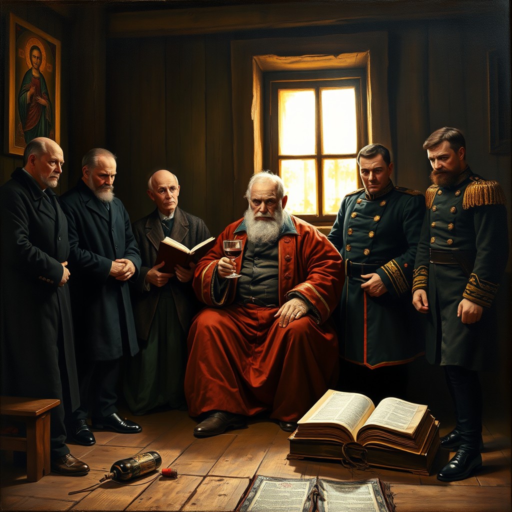 A realistic 19th-century oil painting in a dark and dramatic style reminiscent of Ilya Repin or Ivan Kramskoi, depicting the Karamazov family in a dimly lit Russian wooden room with golden light streaming through a narrow window