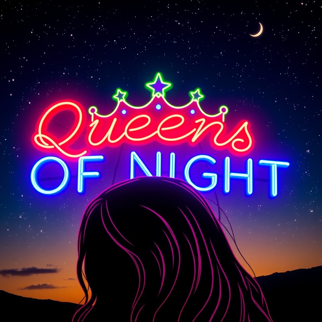 A vibrant neon sign reading 'Queens of Night' in bold letters, illuminated in bright colors