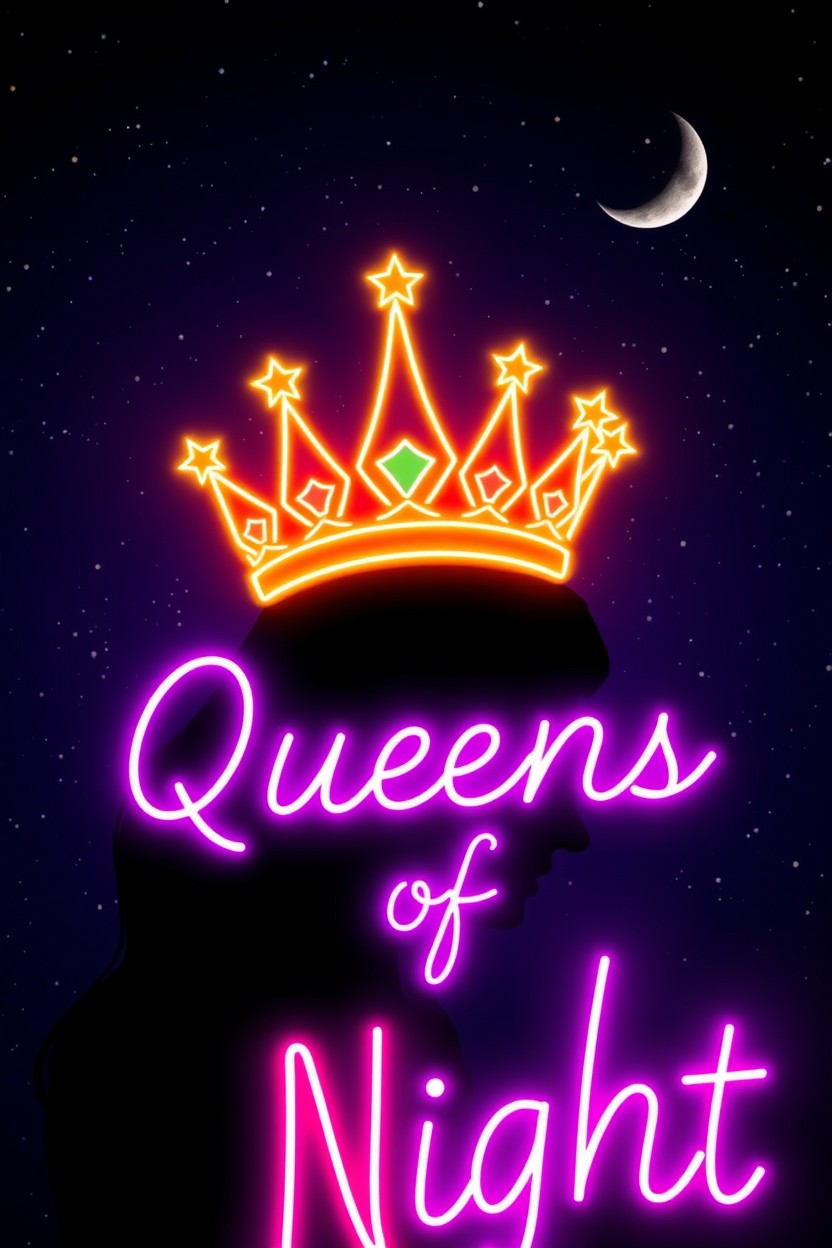 A captivating scene featuring vibrant neon lettering that reads "Queens of Night" prominently in the foreground
