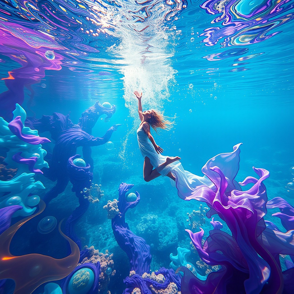 A surreal underwater scene depicting a vibrant and imaginative representation of drowning as an art form