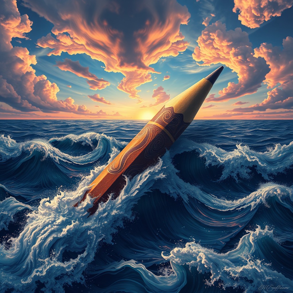 A mesmerizing and surreal art piece depicting a pencil, artistically represented, drowning in an expansive ocean