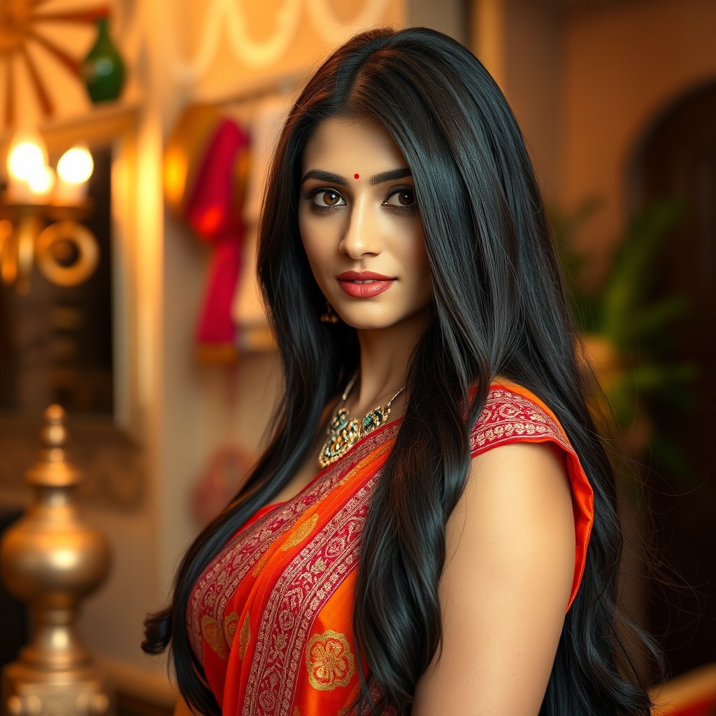 A stunning portrait of a beautiful Indian woman, showcasing her graceful features, long flowing black hair, and expressive dark eyes