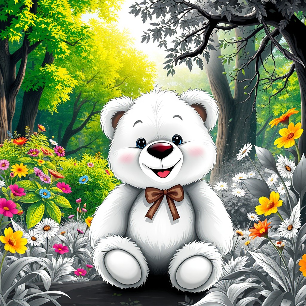 A cute, fluffy teddy bear situated in a vibrant forest setting, with half of the image filled with colorful elements such as lush green trees, colorful flowers and bright sunlight filtering through the leaves