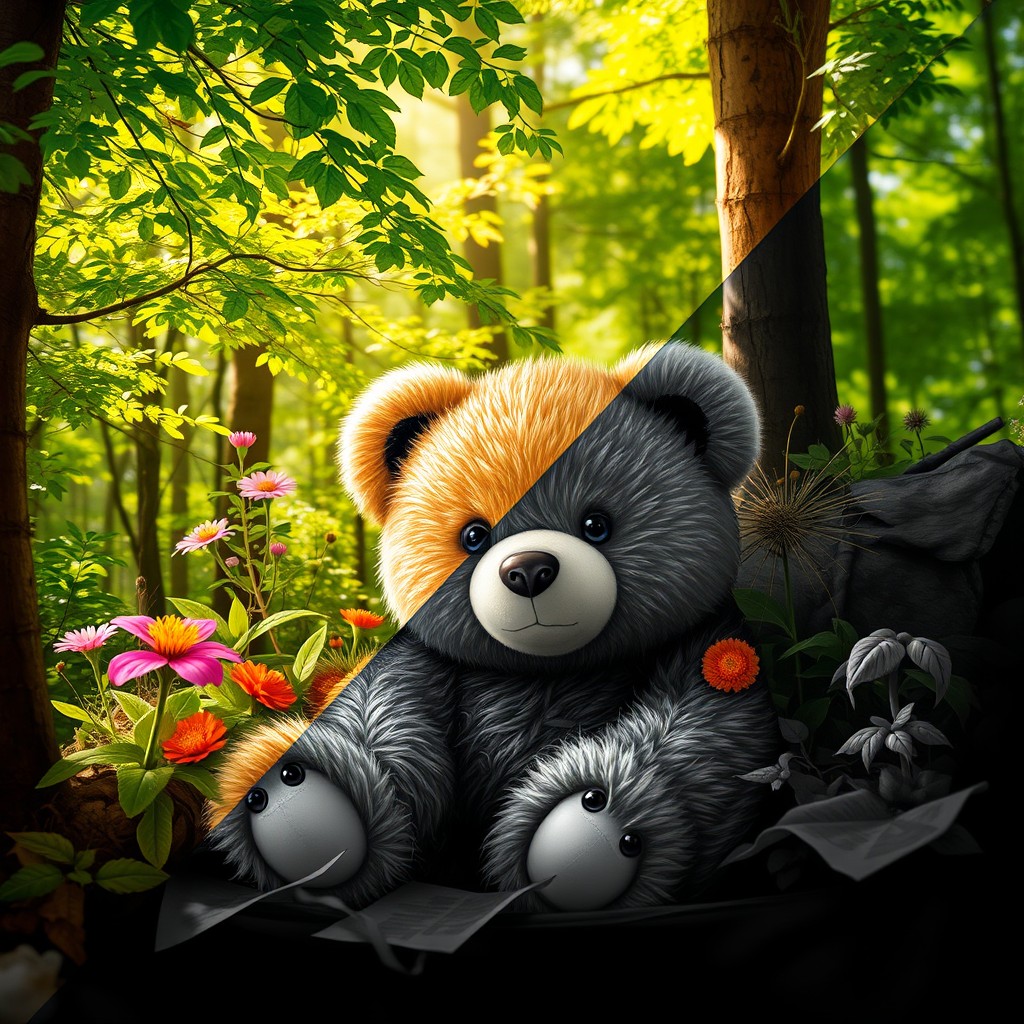 A realistic depiction of a cute, fluffy teddy bear nestled in a forest setting, with 30% of the image featuring colorful elements like vivid green trees, bright flowers, and dappled sunlight, all positioned diagonally