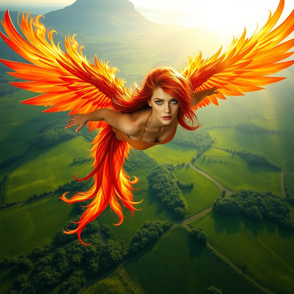 An enchanting image of a half-Phoenix woman with striking red hair and turquoise blue eyes, soaring gracefully above a lush green plain