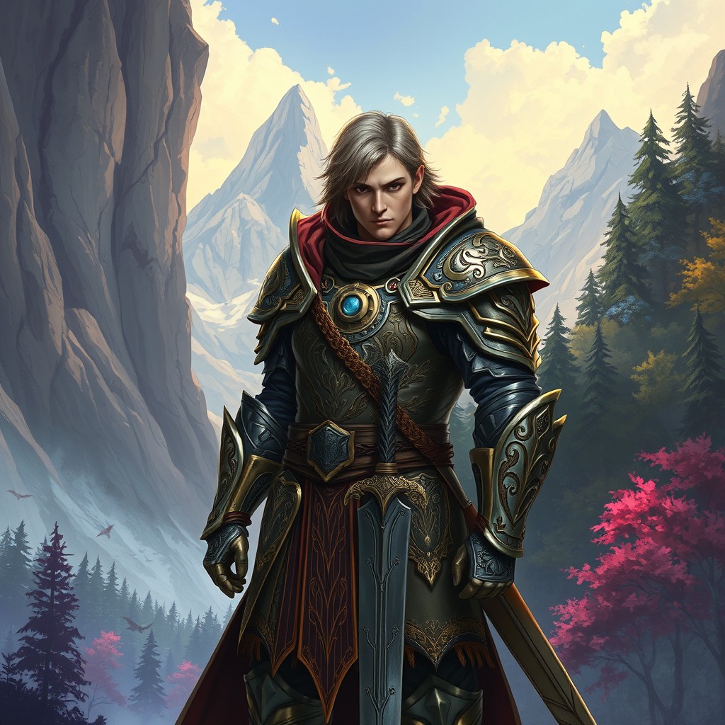 A fantasy-themed illustration of a character inspired by William Herrington, clad in intricately designed armor that showcases elements of high fantasy