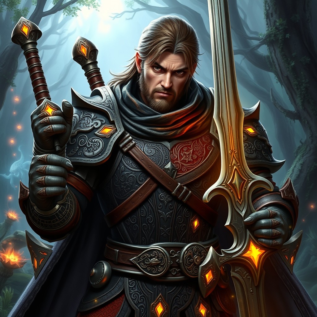 A powerful fantasy game character resembling William Herrington, clad in intricate fantasy-style armor featuring ornate engravings and glowing magical runes