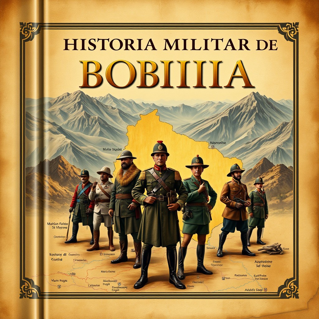 A detailed and visually captivating cover design for a book titled 'Historia Militar de Bolivia'